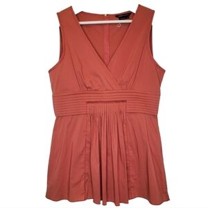BCBGMAXAZRIA Pleated V Neck Top Sleeveless Woven Cotton Burnt Orange Exposed Zip